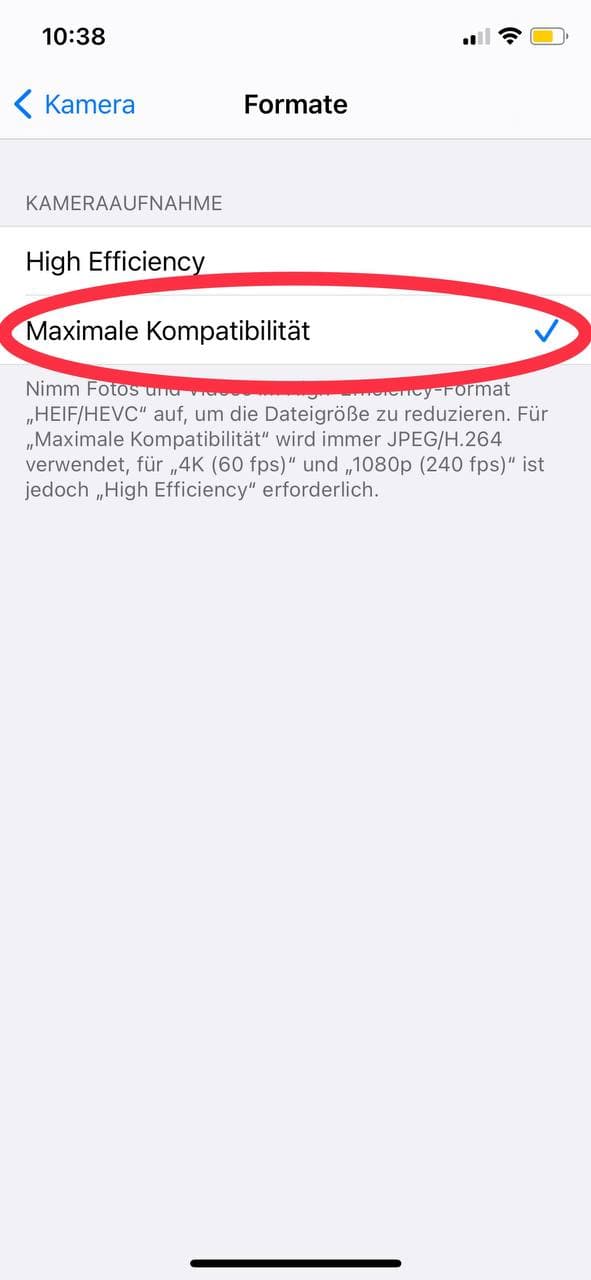 iPhone photo format settings